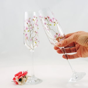 Cherry blossoms on golden branches flutes, 50th Anniversary Birthday gift, Wedding bridal personalized hand painted floral champagne glasses