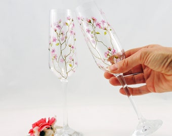 Cherry blossoms on golden branches flutes, 50th Anniversary Birthday gift, Wedding bridal personalized hand painted floral champagne glasses