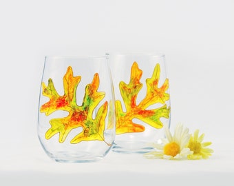 Oak leaf wine glasses - Set of 2 hand painted fall foliage stemless wine glasses - Autumn Leaves collection