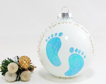Baby Newborn footprint Christmas ornament - Baby infant loss memorial - Hand painted personalized custom glass ball
