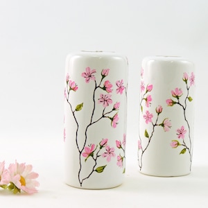 Cherry blossoms salt and pepper shakers - Ceramic hand painted - Kitchen decor