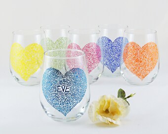 Mother's Day stemless wine glass / ONE hand painted custom personalized / Colorful lace heart