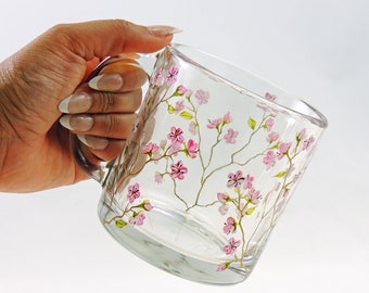 Cherry blossoms with golden branches mug / Personalized hand painted floral glass mug / Cottage Garden / Pink flowers coffee tea cup