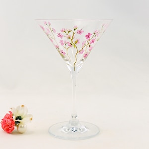 Hand Painted Cherry Blossoms with Golden Branches Martini Glass: Personalized Floral Cocktail Glass
