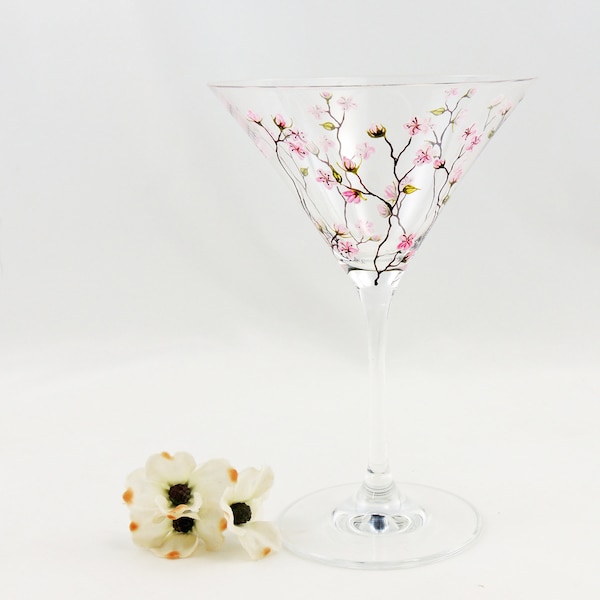 Cherry blossoms martini glass / Personalized hand painted cocktail floral glass / Gift for her / Pink flowers