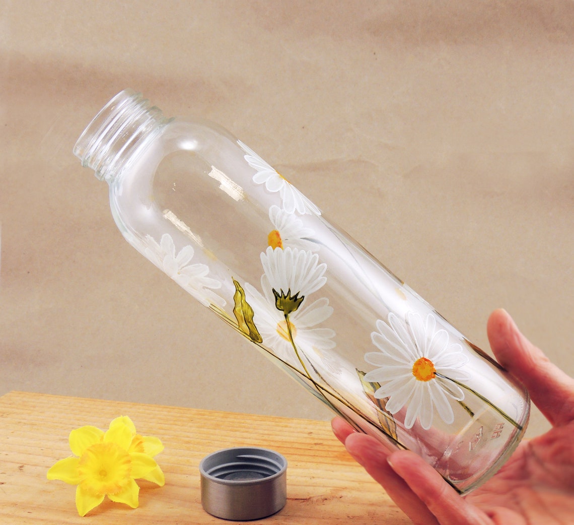 White Daisies Hand Painted Glass Water Bottle / Reusable Etsy