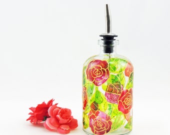 Red roses hand painted bottle, Floral design, Oil dispenser, Cruet, Carafe, Glass bubble bath bottle