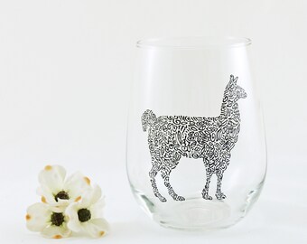 Llama glass / Personalized hand painted llama stemless wine glass / Llama gift / Llama lover / Animal glass