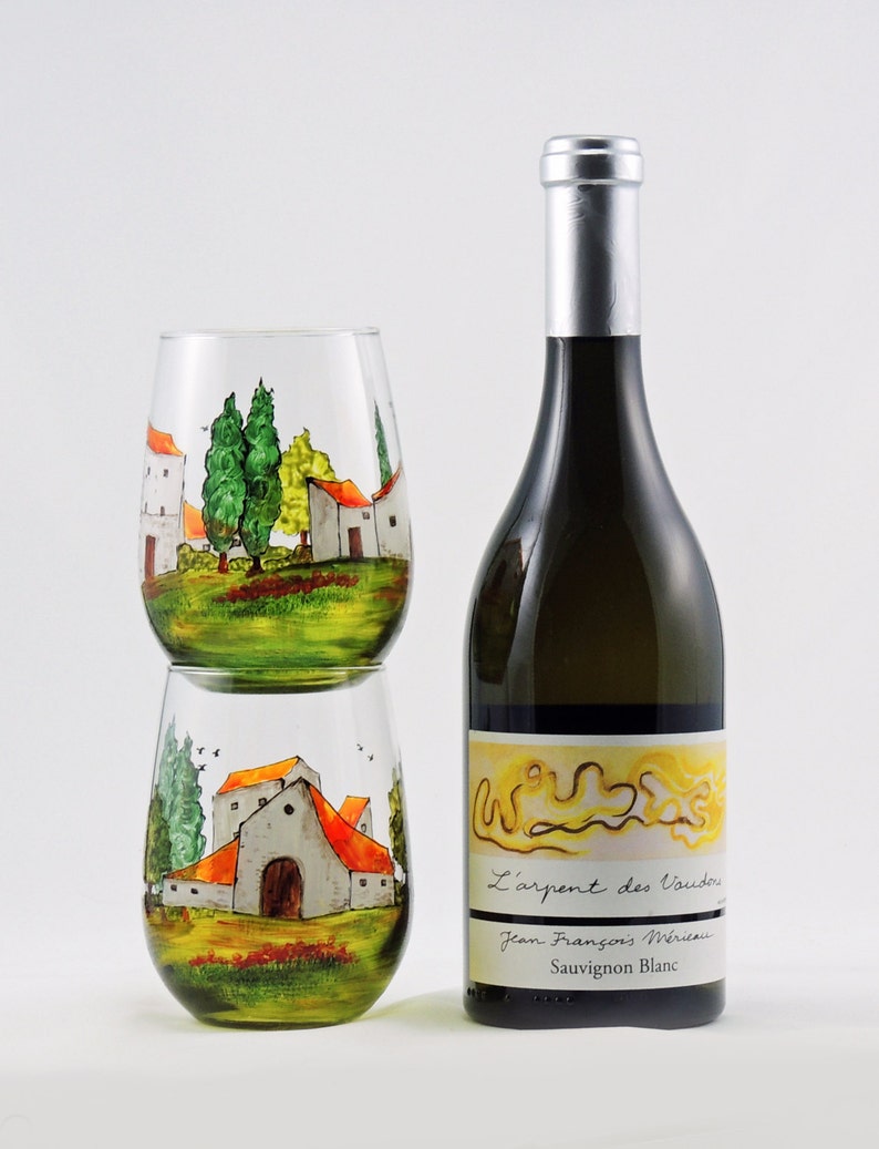 Tuscany wine glasses, Tuscan, Provence, French, France, Italian, Hand painted stemless wine glasses, Set of 2 image 5