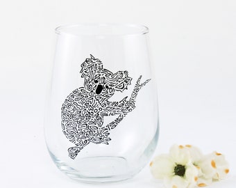 Koala hand painted wine glass / Cute koala bear / Koala gift / Nature gift / Australian animal koala stemless glass / Personalized