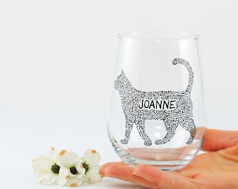 Cat wine glass - Hand painted stemless wine glass - Cat lover gift - Custom personalized pet wine glass