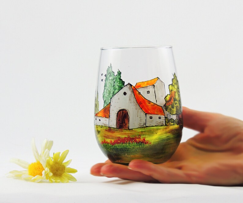 Tuscany wine glasses, Tuscan, Provence, French, France, Italian, Hand painted stemless wine glasses, Set of 2 image 4