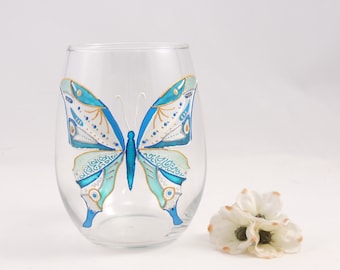 Blue turquoise butterfly glass / Hand painted large stemless wine glass / Personalized / Fancy butterfly glassware / OOAK