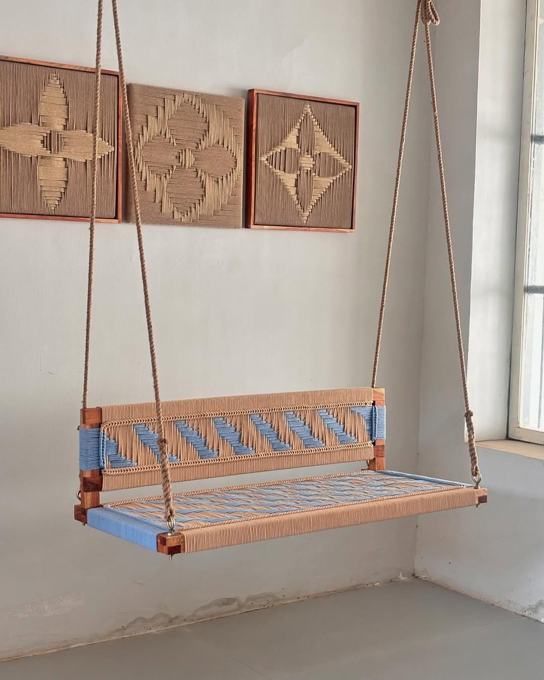 Woven Swing with Backrest, Sandy Brown & Carolina Blue