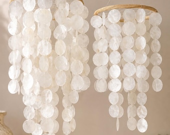 Handmade Capiz Shell Chandelier, Boho Coastal Pendant Light Shade (Bali)