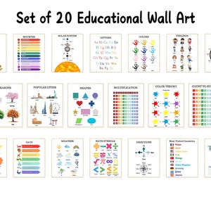 Lote de 20 pósteres educativos para pared, pósteres para el aula, imprimibles para la educación en casa, pósteres educativos, pósteres del alfabeto y pósteres infantiles.