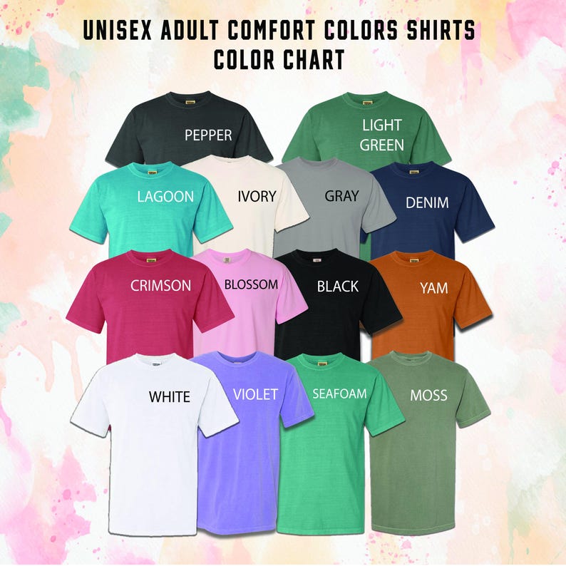 K&ouml;nnte beinhalten: Farbkarte mit 14 verschiedenen Farben von Unisex-T-Shirts f&uuml;r Erwachsene. Die Farben sind: Pfeffer, Hellgr&uuml;n, Lagune, Elfenbein, Grau, Denim, Scharlachrot, Bl&uuml;te, Schwarz, Yam, Wei&szlig;, Violett, Meeresschaum und Moos.
