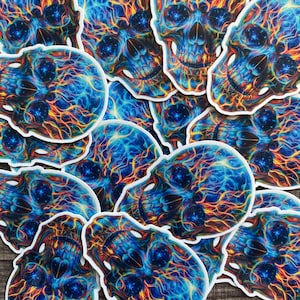 Electric Skull Sticker | Trippy Blue Flame Vinyl Decal | Glossy Gothic Aesthetic Waterproof Sticker for Laptop, Journal, Water Bottle