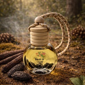 May include: A clear, round glass bottle with a wooden cap and a rope loop. The bottle contains a yellow liquid and small black stones. The text "TONKA'D UP • HEMATITE" is printed on the bottle. The background is a natural setting with pine cones and wood.