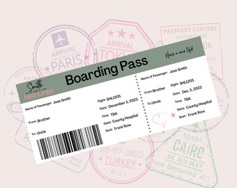 Puede incluir: Una tarjeta de embarque con el texto "Smith Heir Lines" y "Boarding Pass" impreso en ella. El pase es para un vuelo de Brother a Uncle el 5 de diciembre de 2023, con un número de vuelo SHL1205. La puerta es County Hospital y el asiento es Front Row.