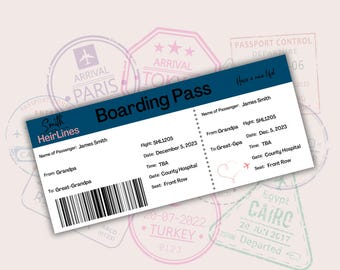 Puede incluir: Una tarjeta de embarque azul y blanca con el texto "Smith HeirLines" y "Boarding Pass". La tarjeta es para un vuelo de Abuelo a Bisabuelo el 5 de diciembre de 2023, número de vuelo SHL1205. La puerta es County Hospital y el asiento es en primera fila.