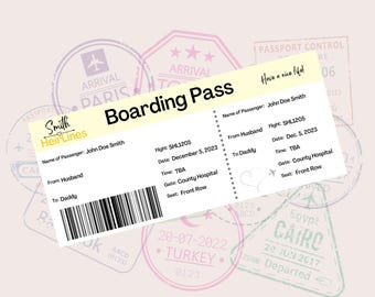 Puede incluir: Una tarjeta de embarque amarilla con el texto "Smith Heir Lines" y "Boarding Pass" impreso en ella. La tarjeta tiene la siguiente información: Nombre del pasajero: John Doe Smith, Vuelo: SHL1205, Fecha: 5 de diciembre de 2023, Hora: TBA, Puerta: County Hospital, Asiento: Fila delantera.