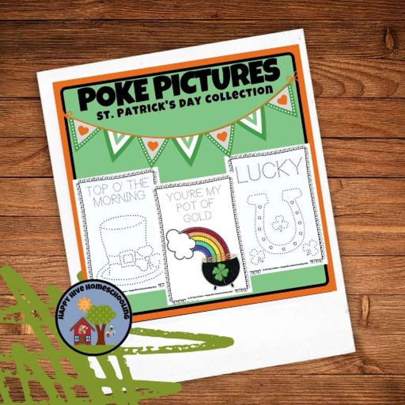 Pin Poking Art St. Patrick's Day Pin Punching Pin Prick Pictures Montessori Activities Homeschool Printables image 1