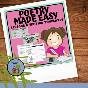 May include: A pink printable resource titled "Poetry Made Easy: Lessons & Writing Templates" features a cartoon girl writing with a quill pen. The resource includes poetry writing prompts and templates.