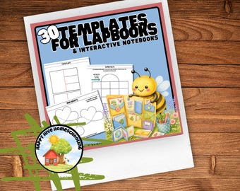 Könnte beinhalten: Ein digitales Dokument mit dem Titel 30 Templates for Lapbooks & Interactive Notebooks, das eine gezeichnete Biene, verschiedene Papiervorlagen und ein kreisförmiges Logo mit Haus und Baum zeigt. Das Design hat einen hellblauen Hintergrund.