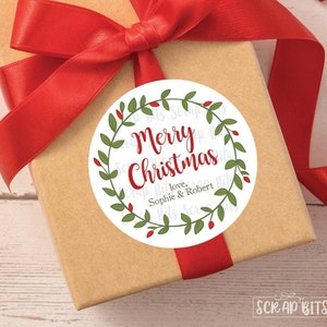 Christmas Gift Stickers, Festive Sprigs Laurel Wreath, Personalized Round Gift Labels or Tags . 3 Sizes
