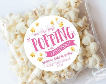 We Are Just Popping With Excitement, Popcorn Baby Shower Stickers, Popcorn Favor Stickers . Personalized Favor Stickers or Tags . 3 Sizes