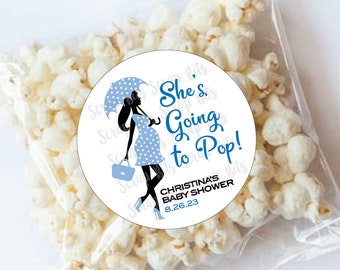 Going to Pop Baby Shower Stickers, Popcorn Favor Stickers, Pregnant Lady with Umbrella, Personalized Favor Stickers or Tags, 3 Sizes