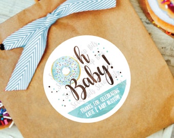 Oh Baby Stickers, Blue Donut Baby Shower Stickers, Personalized Favor Stickers or Tags . 3 Sizes