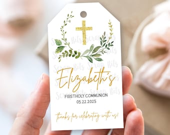 Greenery Communion Tags, Watercolor Eucalyptus Wreath, Personalized Printed Party Favor Gift Tags, Custom Labels for Treat Bags, Baptism