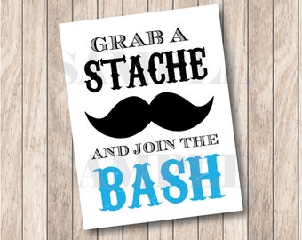 Prenez une moustache et rejoignez le signe Bash, signe de fête Little Man Moustache (aqua). Téléchargement instantané imprimable