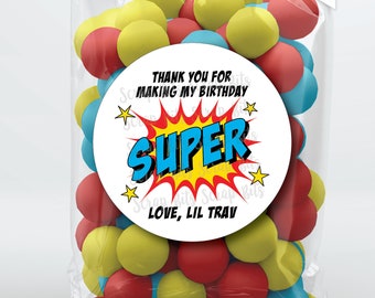 Super Hero Birthday Favor Stickers & Bags, Birthday Favor Bags, Thanks For Making My Party Super, Birthday Treat Bags, Clear Candy Bags