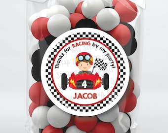 Racing Party Aufkleber, Danke für das Rennen mit dem roten Rennauto, personalisierte Geburtstagsgeschenkanhänger, individuell gedruckte Etiketten für Goodie Bags