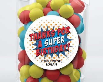 Super Hero Birthday Stickers . Thanks For A Super Birthday . Personalized Favor Stickers or Tags . 3 Sizes