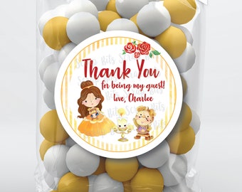 Belle & Friends Birthday Stickers, Stipes Border Thank You For Being My Guest, Personalized Princess Favor Stickers or Tags . 3 Sizes