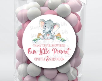 Thank You for Showering Our Little Peanut . Girl Elephant Baby Shower Stickers . Personalized Favor Stickers or Tags . 3 Sizes
