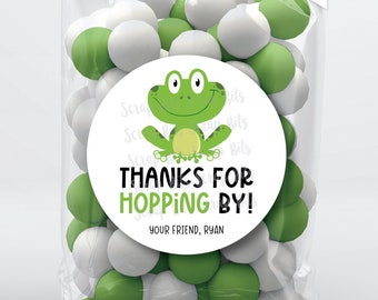 Frog Party Stickers + Treat Bags, Thanks For Hopping By Birthday Stickers, Personalized Frog Favor Labels, Clear Candy Bags