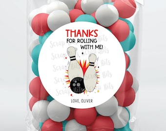 Personalized Bowling Birthday Favor Labels, Thanks For Rolling With Me, Stickers or Tags