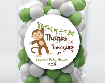 Monkey Baby Shower Favor Stickers & Bags, Thanks For Swinging By Baby Shower Favor Bags, Baby Shower Stickers, Treat Bags, Clear Candy Bags