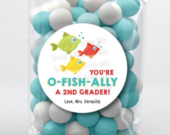 O-Fish-Ally Back To School Stickers & Bags, 1st Day Teacher Treat Bags, 3 Swimming Fish, Personalized for Any Grade, Clear Candy Bags