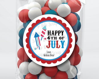 Happy 4th of July Favor Stickers & Bags, July 4th Favor Bags, Rocket Stickers, Treat Bag Stickers, Clear Candy Bags