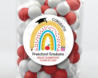 Preschool Graduation Stickers + Treat Bags, Pencil Rainbow Graduate, Any Grade Personalized Congratulations Favor Labels, Clear Candy Bags