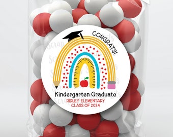Kindergarten Graduation Stickers + Treat Bags, Pencil Rainbow Graduate, Any Grade Personalized Congratulations Favor Labels, Clear Bags