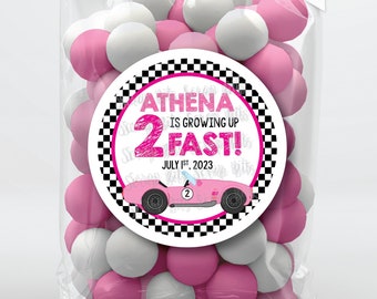 Racing Party Stickers, Pink Growing Up 2 Fast 2nd Birthday Stickers, Personalized Party Favor Tags, Custom Printed Labels for Goodie Bags