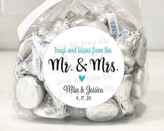 Wedding Favor Stickers and Bags, Mr.& Mrs Stickers, Hugs + Kisses Personalized Wedding Labels, Clear Favor Bags