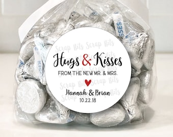 Wedding Favor Stickers and Bags, Hugs + Kisses from the Mr.& Mrs, Personalized Minimal Cursive Wedding Labels, Clear Favor Bags